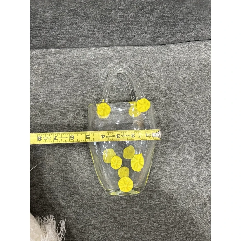 Vintage Art Glass Purse Vase Clear‎ with Yellow Flower Accents Hand Blown 9.5